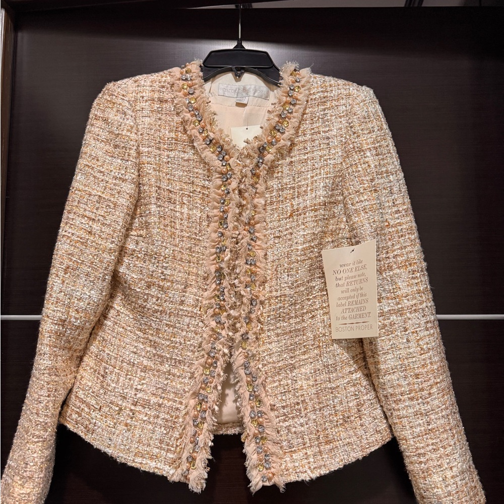 Boston Proper Beige Tweed Blazer with Beaded Trim